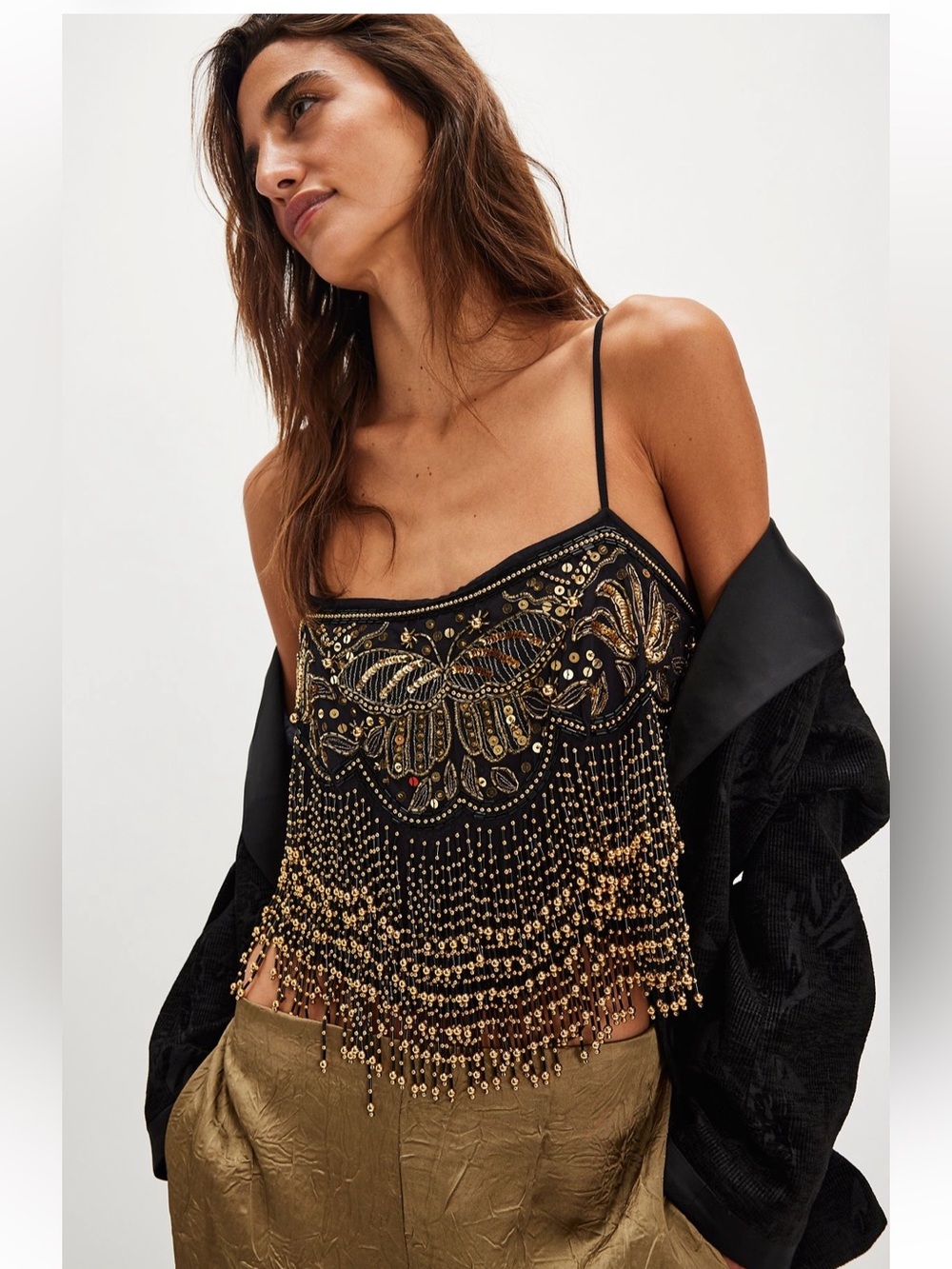 Free People Black Beaded Fringe Crop Top with Gold Embellishment